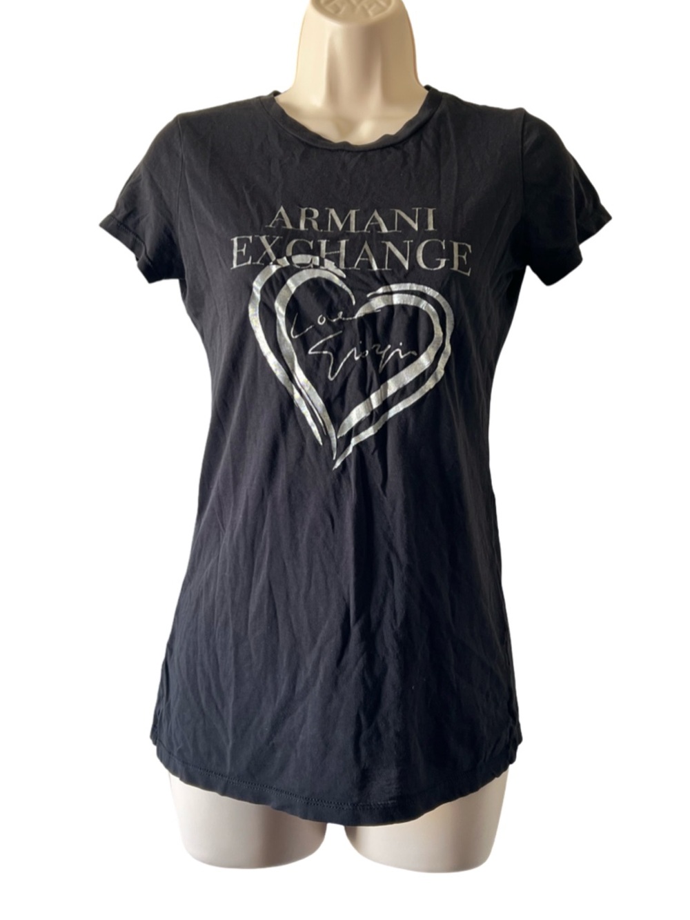 Armani Exchange Black Tee with Silver Heart Logo